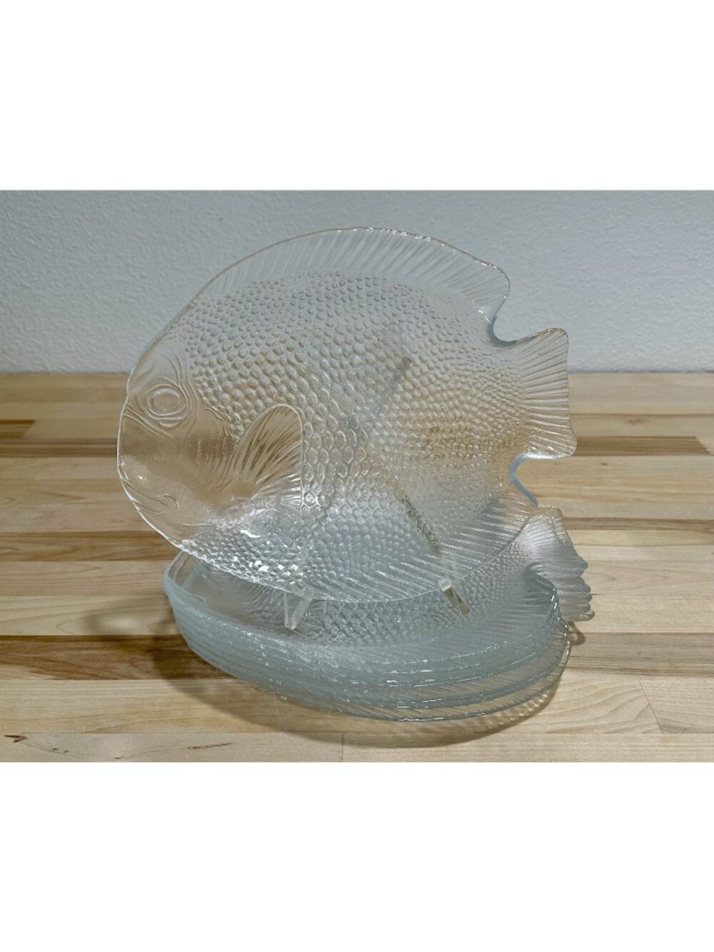 8pc Arcoroc France Clear Glass Poisson Fish Stackable Dinner Plates 8.5”x 10.25”